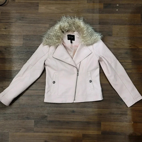Jessica Simpson Pink Girls Tween Faux Leather Moto Jacket Removable Hood M 10-12 - Picture 1 of 16